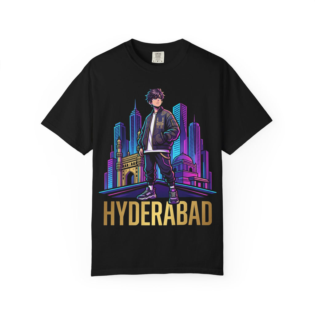 Hyderabad Streetwear T‑Shirt – Neon Cityscape Graphic with Bold “HYDERABAD” Text