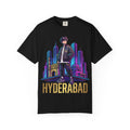 Hyderabad Streetwear T‑Shirt – Neon Cityscape Graphic with Bold “HYDERABAD” Text