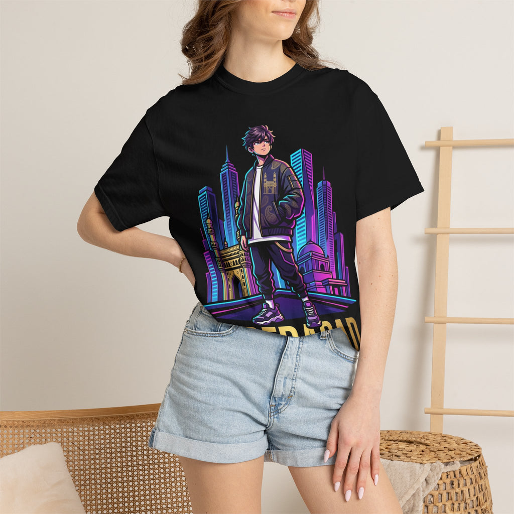 Hyderabad Streetwear T‑Shirt – Neon Cityscape Graphic with Bold “HYDERABAD” Text