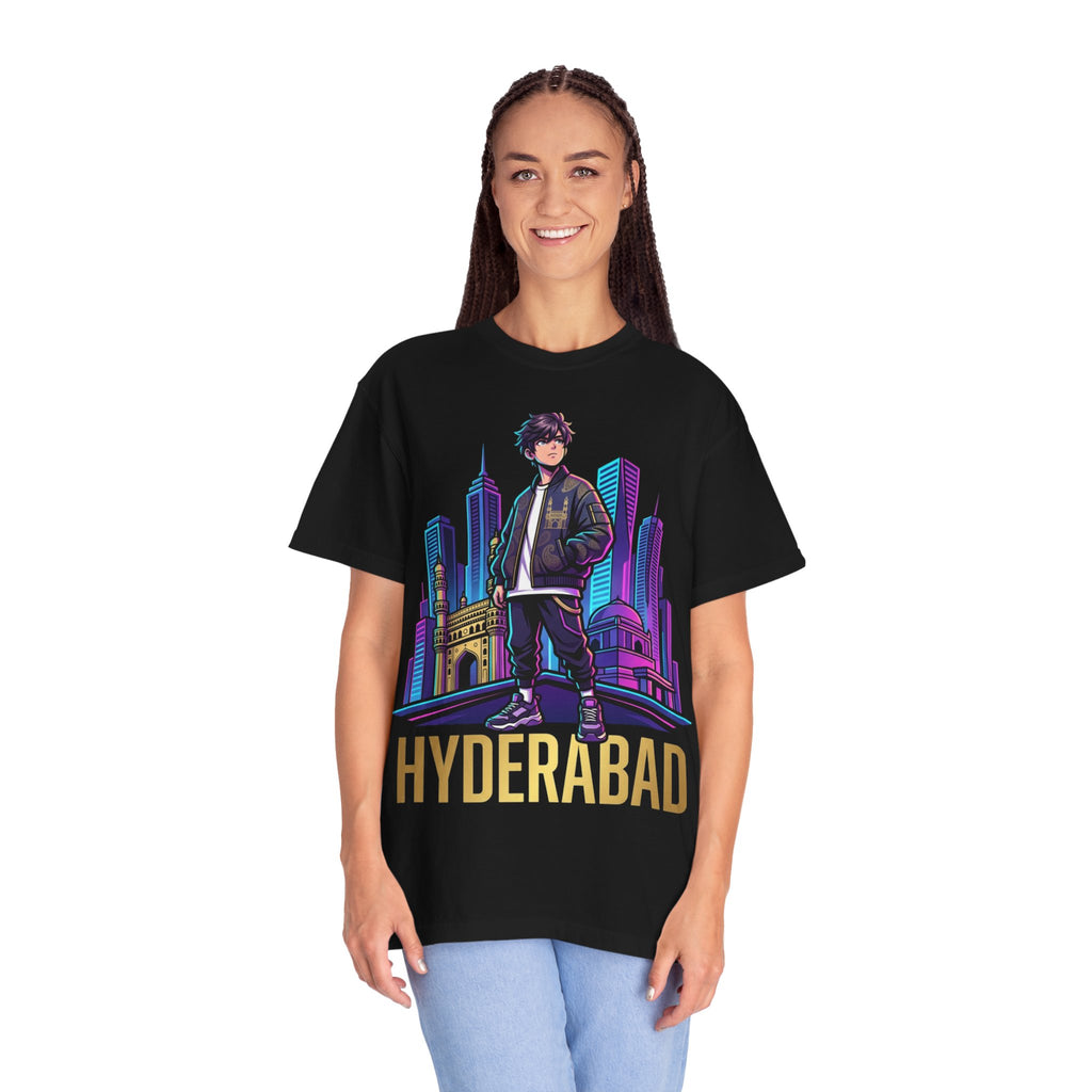 Hyderabad Streetwear T‑Shirt – Neon Cityscape Graphic with Bold “HYDERABAD” Text