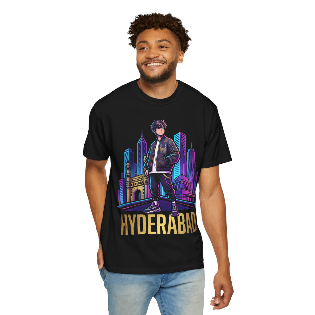 Hyderabad Streetwear T‑Shirt – Neon Cityscape Graphic with Bold “HYDERABAD” Text