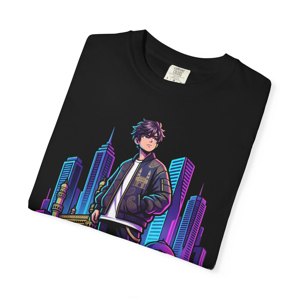 Hyderabad Streetwear T‑Shirt – Neon Cityscape Graphic with Bold “HYDERABAD” Text