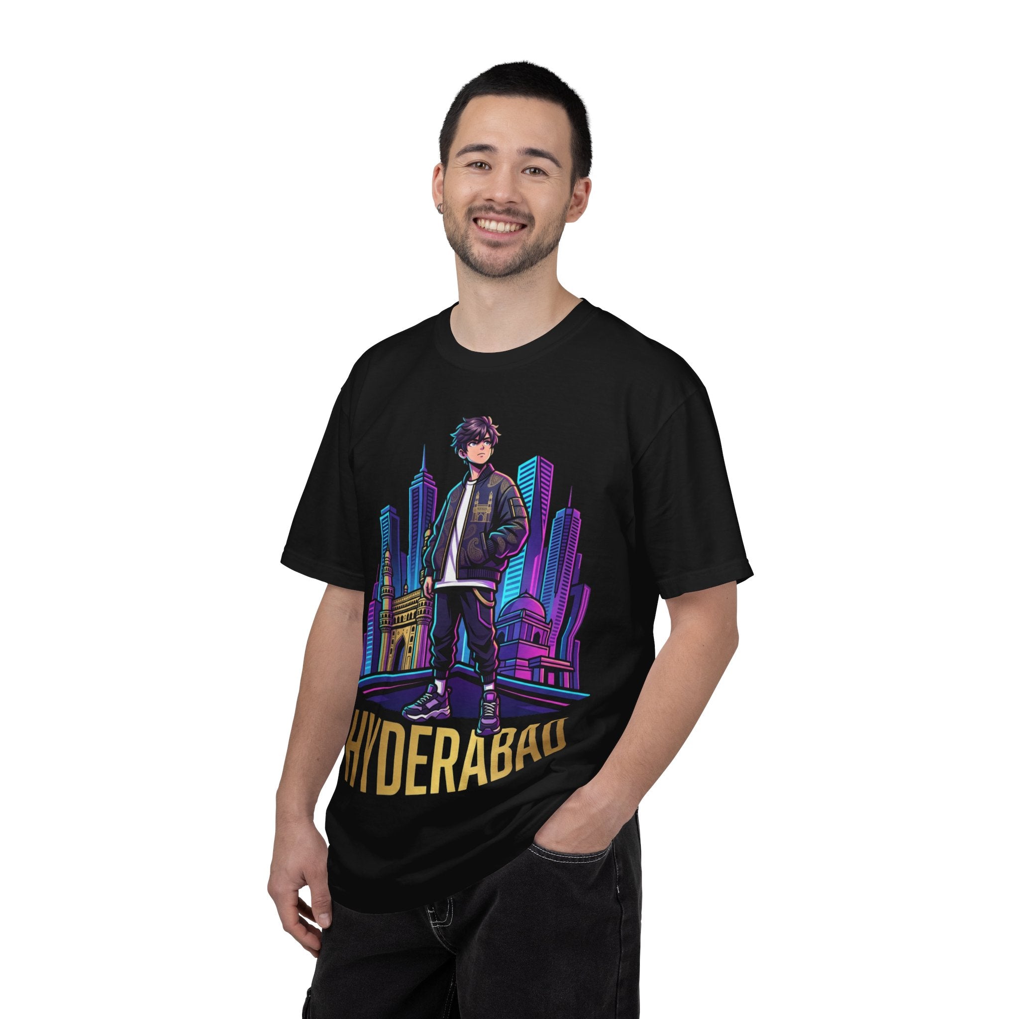 Hyderabad Streetwear T‑Shirt – Neon Cityscape Graphic with Bold “HYDERABAD” Text